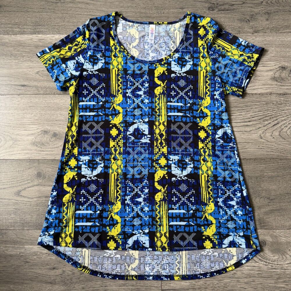 LuLaRoe Blue & Yellow Geometric Mosaic High-Low Tunic Shirt - Size Medium